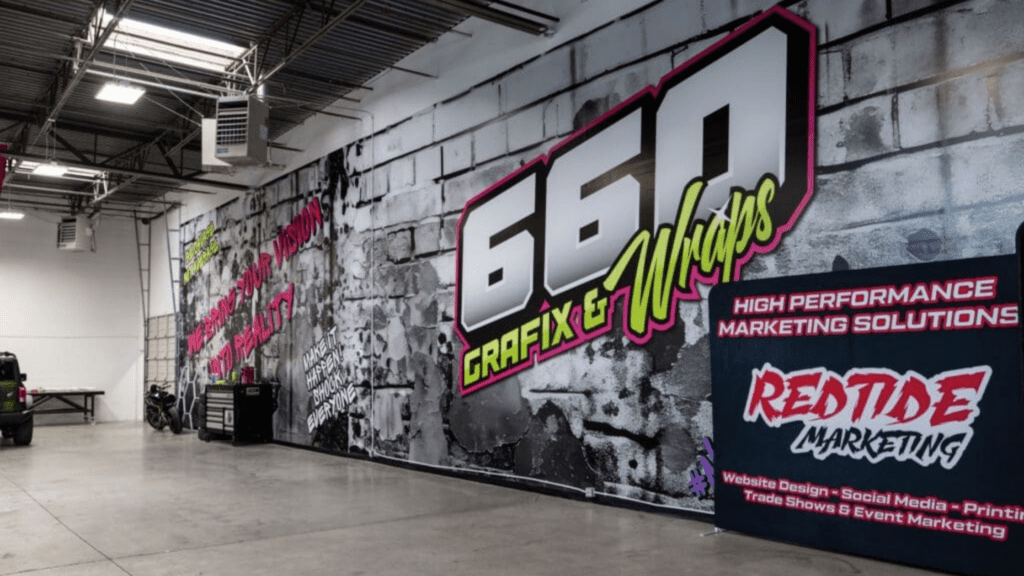 commercial wall with a branded full-color vinyl wrap installed